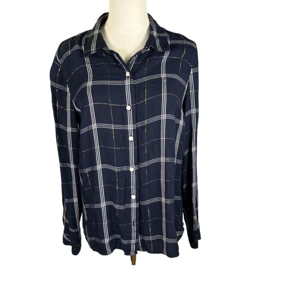 Tommy Hilfiger Women's Navy‎ Plaid Button Down Shirt Metallic Accents Size M